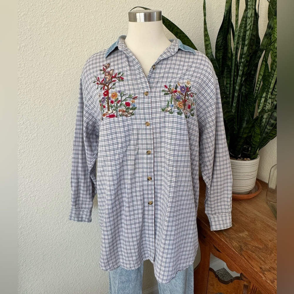 Vintage Embroidered beaded Plaid‎ Shirt 18W – Squirrel Garden Scene Cotton Top